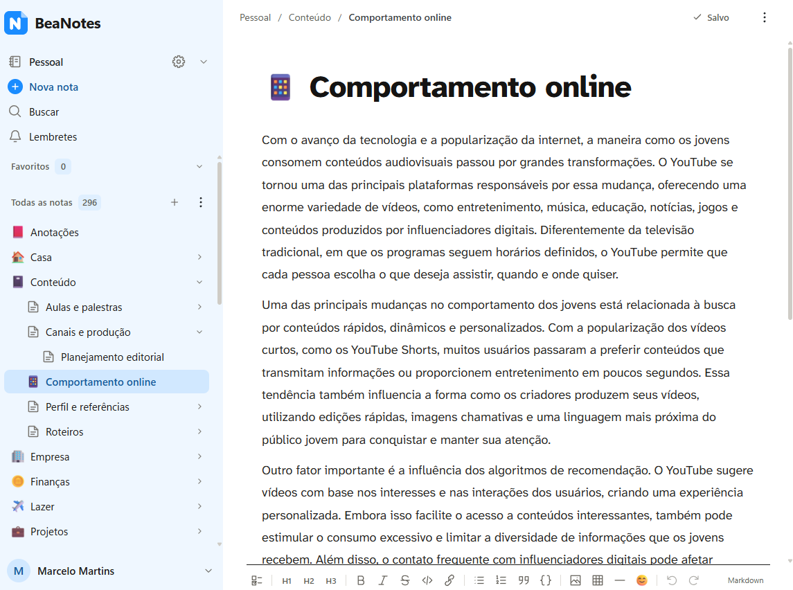 BeaNotes com a barra lateral de cadernos e uma nota aberta no editor